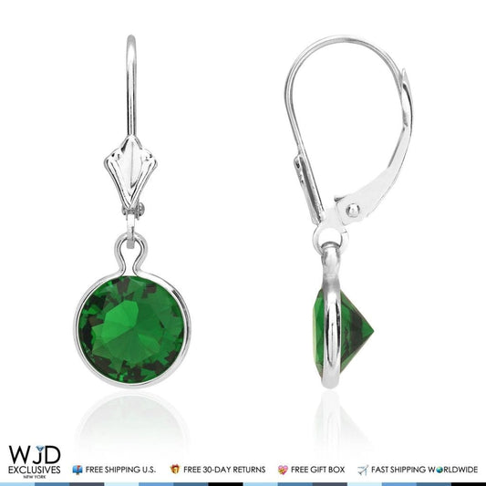 14K White Gold Bezel Set Round Simulated Emerald Dangle Leverback Earrings 1"