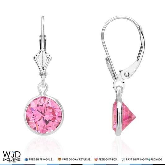 Bezel Set Round Pink Tourmaline Dangle Drop Leverback Earrings 14K White Gold