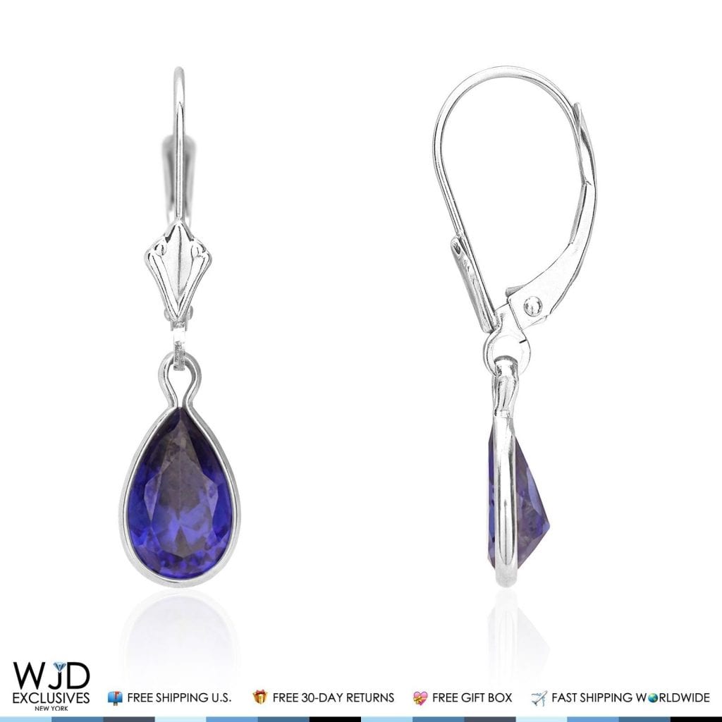 14k White Gold Teardrop Bezel Simulated Birthstone Leverback Earrings 1"