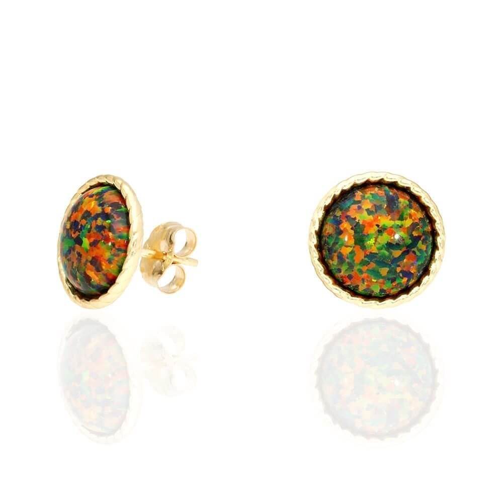 14k Yellow Gold White Gold Twisted Bezel Fire Opal Push Back Stud Earrings