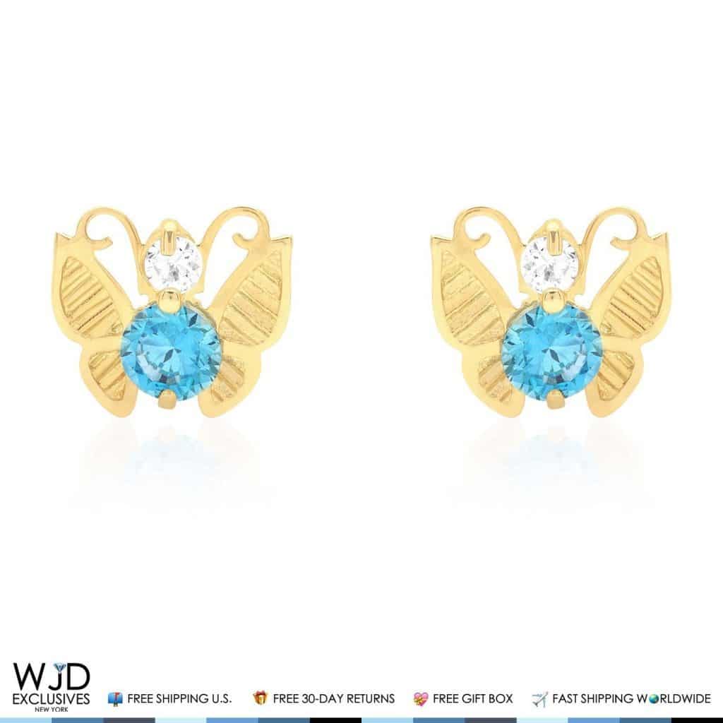 14K Yellow Gold Simulated Birthstone Butterfly Screw Back Stud Earrings
