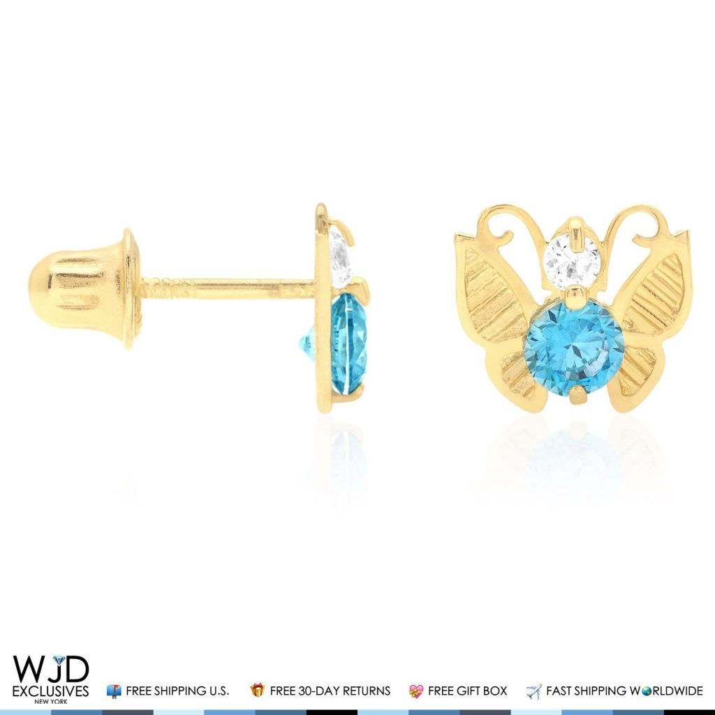 14K Yellow Gold Simulated Birthstone Butterfly Screw Back Stud Earrings