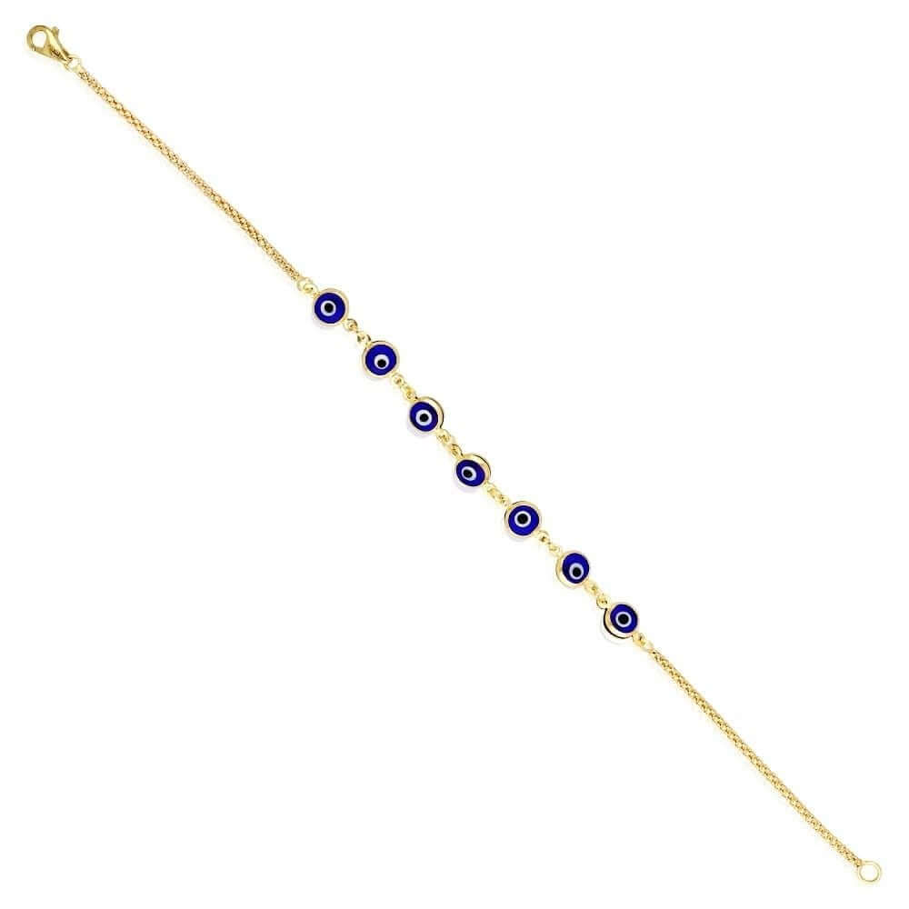 14K Yellow Gold Bezel Evil Eye Popcorn Bracelet 7"