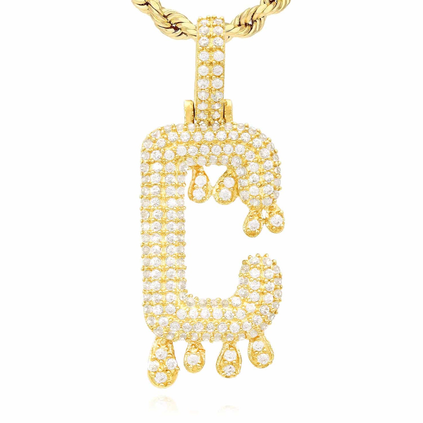 14K Yellow Gold CZ Iced Out Dripping Initial Letter Pendant 1.7"