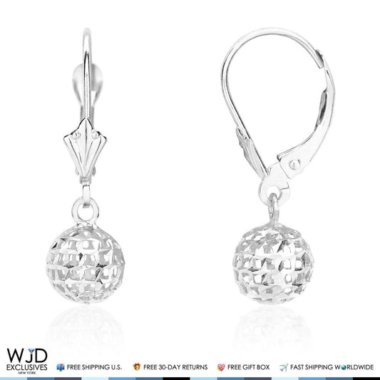 14K White Gold Carved Ball Diamond-Cut Dangle Drop Lever Back Earrings