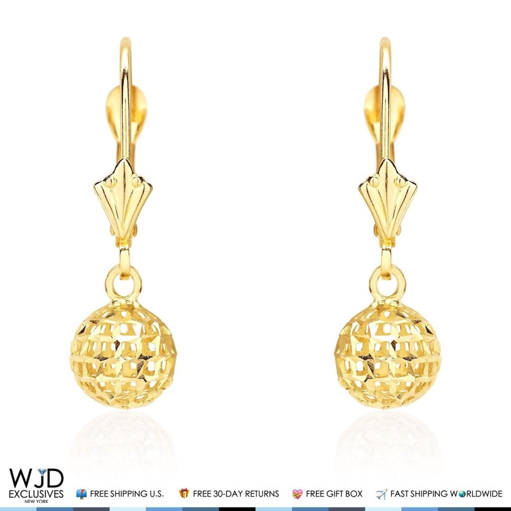 14K Yellow Gold Carved Diamond Cut 7mm Dangle Ball Leverback Earrings