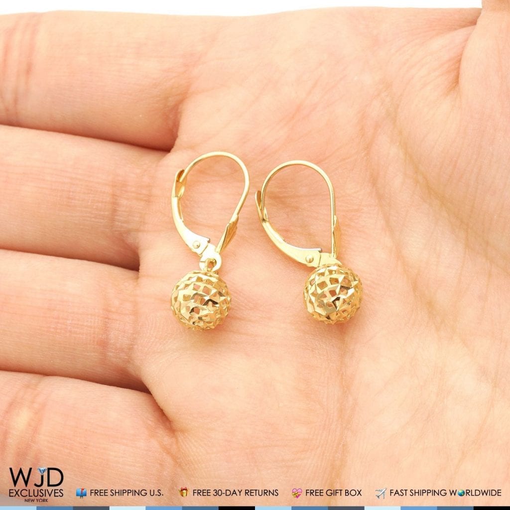14K Yellow Gold Carved Diamond Cut 7mm Dangle Ball Leverback Earrings