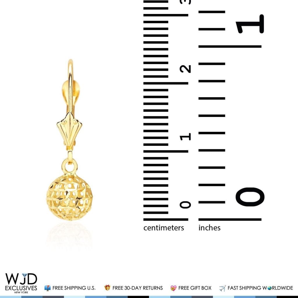 14K Yellow Gold Carved Diamond Cut 7mm Dangle Ball Leverback Earrings
