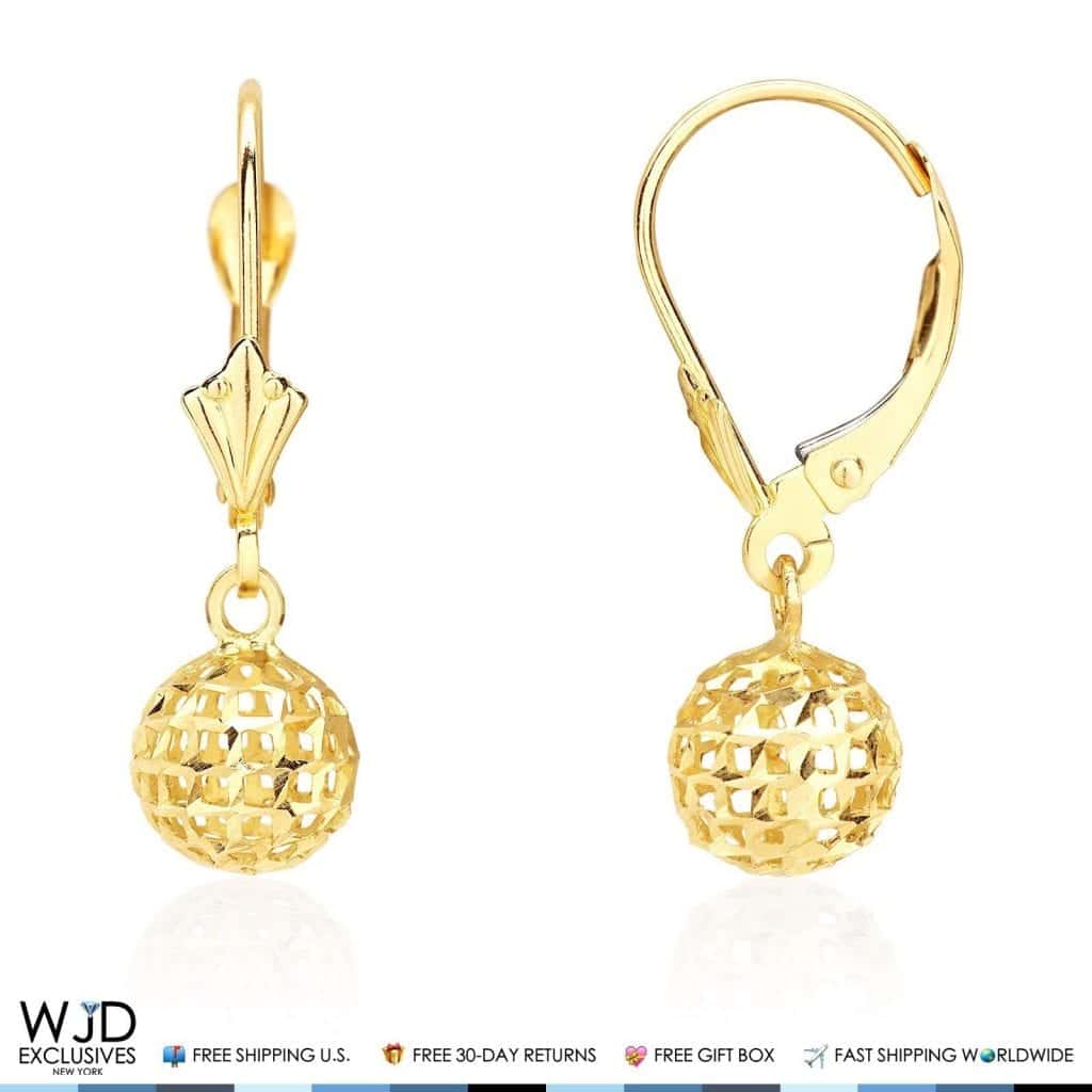 14K Yellow Gold Carved Diamond Cut 7mm Dangle Ball Leverback Earrings