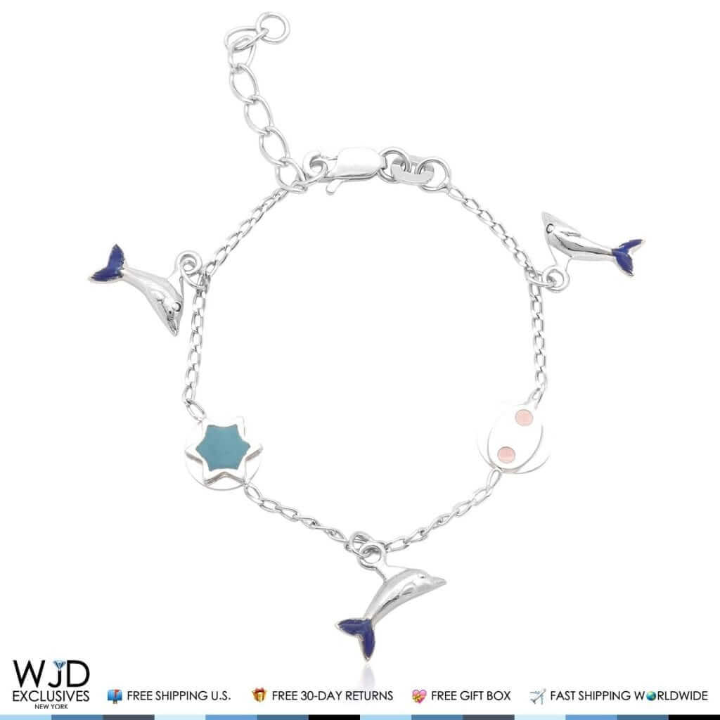 Children Sterling Silver Dolphins Star Cable Charm Adjustable Bracelet 4-6"