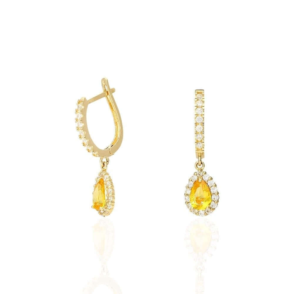 14k Yellow White Gold Birthstone Teardrop Diamond Halo Earrings 1"