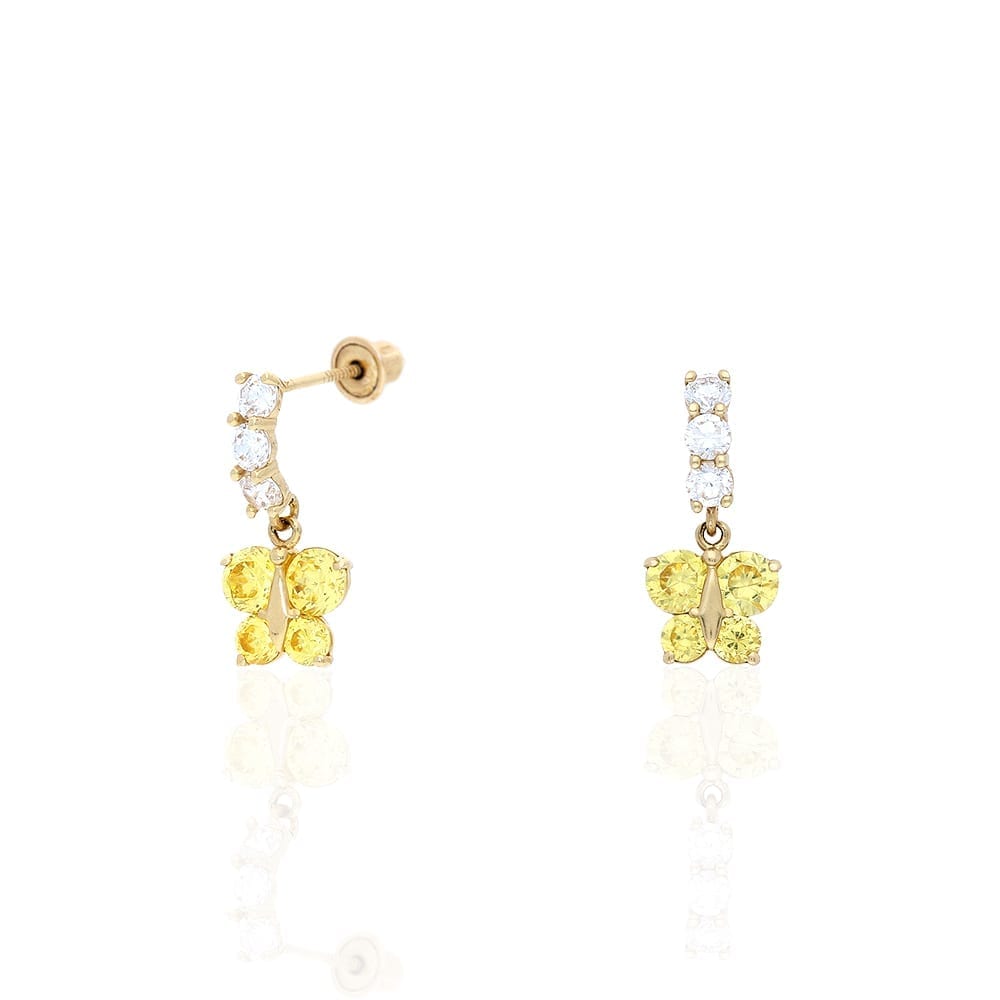 14K Yellow Gold CZ Birthstone Butterfly Earrings 15mm