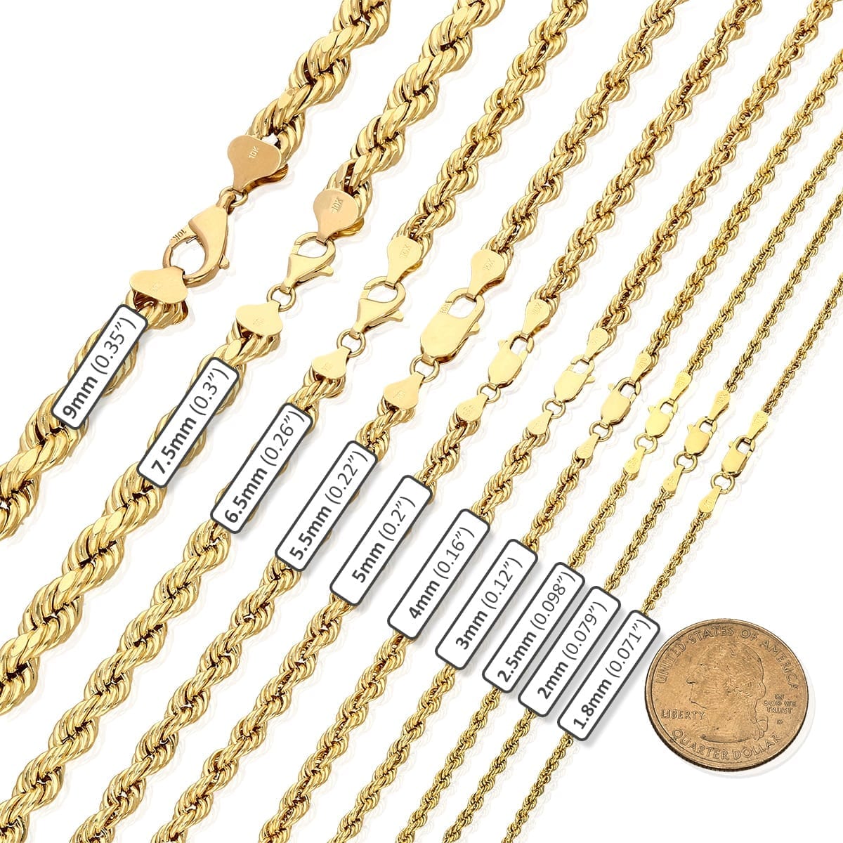 Real 10K Gold 1.8mm-9mm Hollow Rope Chain Necklace 16"-30" with Lobster Clasp