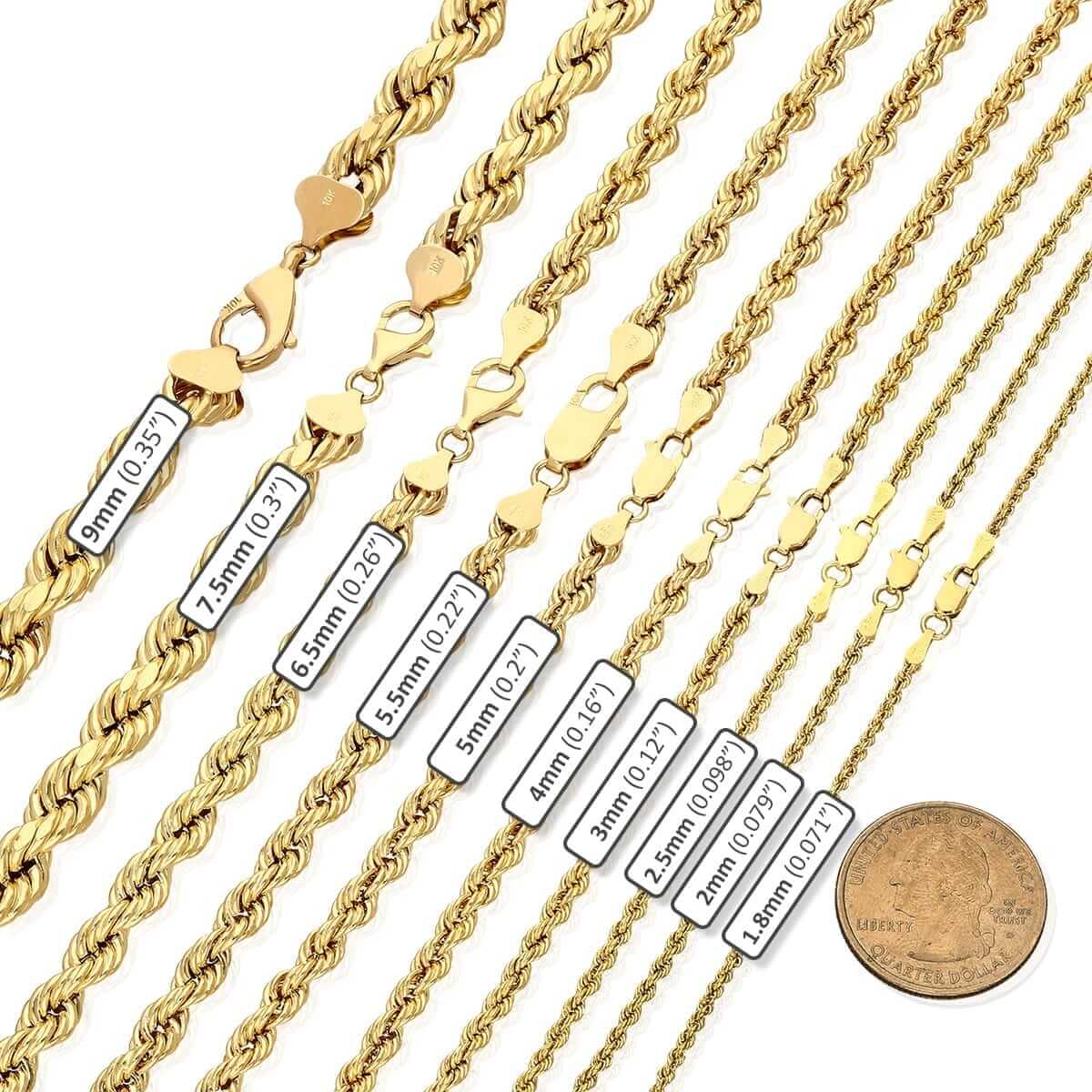 Kids 10K Yellow Gold 1.8mm-3mm Rope Chain (Hollow) 16"-20"