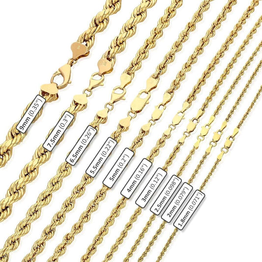Real 10K Gold 1.8mm-9mm Rope Chain (Hollow) 16"-30"