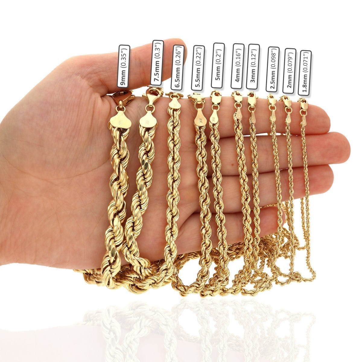 Real 10K Gold 1.8mm-9mm Hollow Rope Chain Necklace 16"-30" with Lobster Clasp