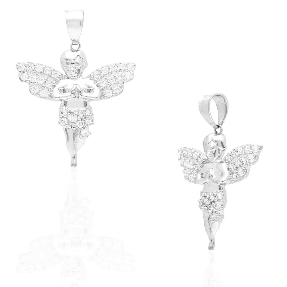 10k White Gold CZ Angel Religious Pendant 1.2"