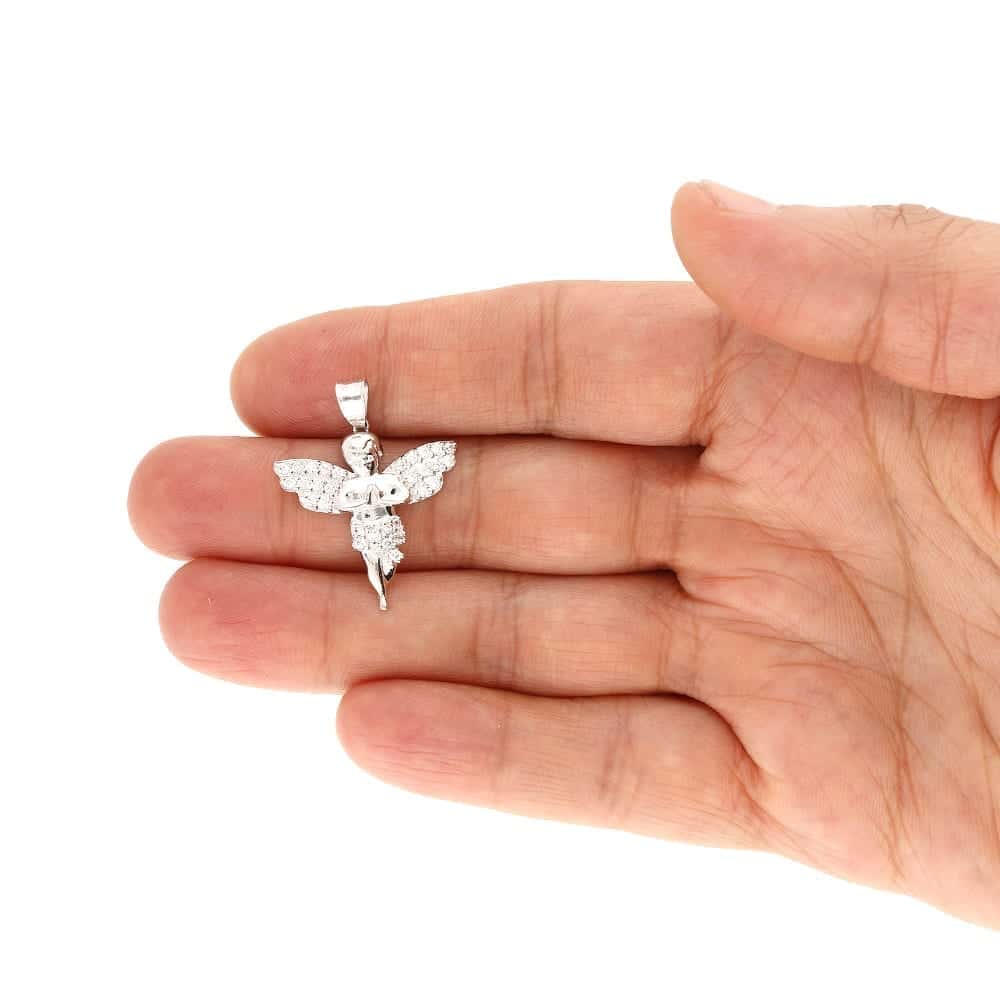 10k White Gold CZ Angel Religious Pendant 1.2"