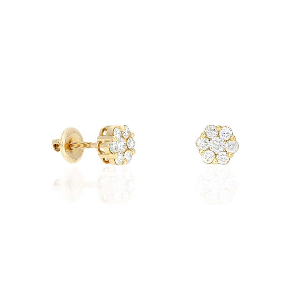 0.75Ct Natural Diamond 14k Yellow Gold Cluster Screw Back Stud Earrings 7mm