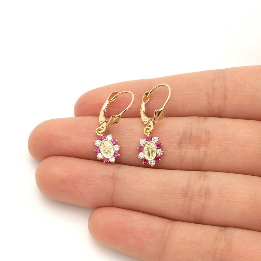 14k Yellow Gold Birthstone Virgin Guadalupe Oval Leverback Earrings 1"