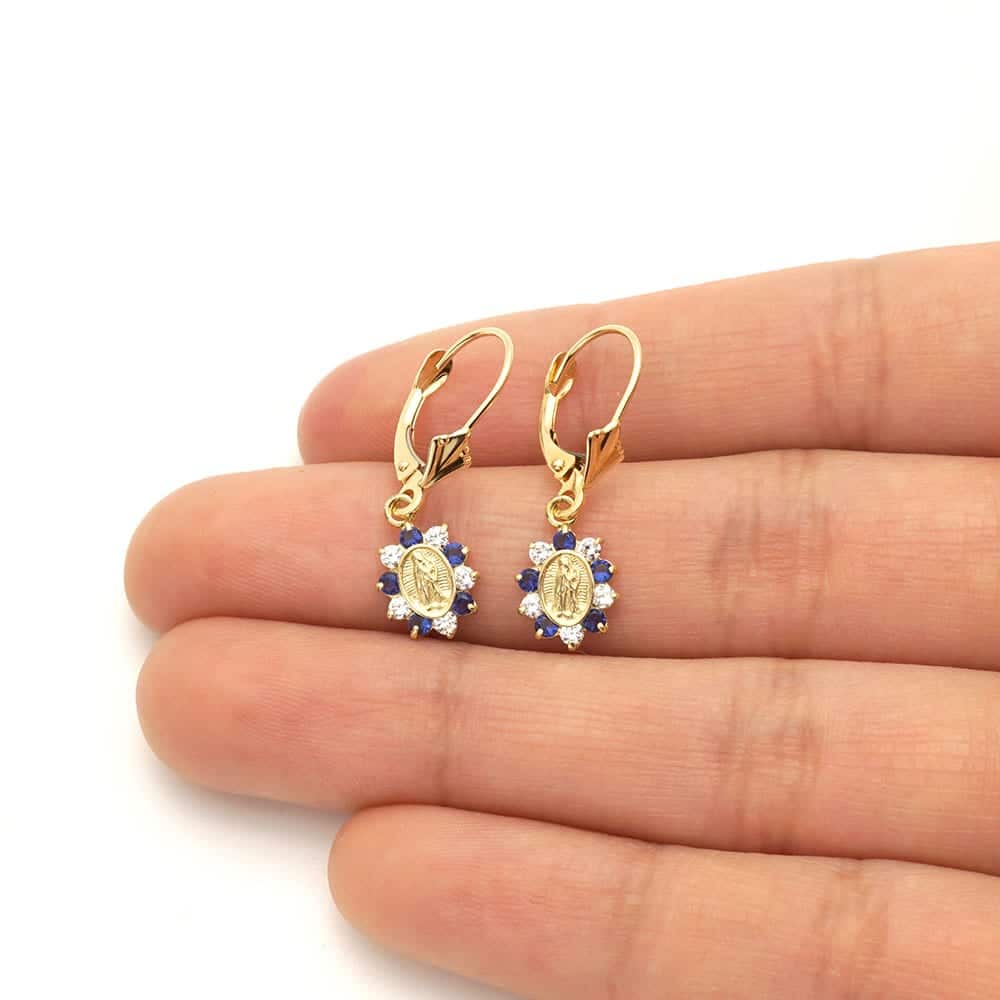 14k Yellow Gold Birthstone Virgin Guadalupe Oval Leverback Earrings 1"