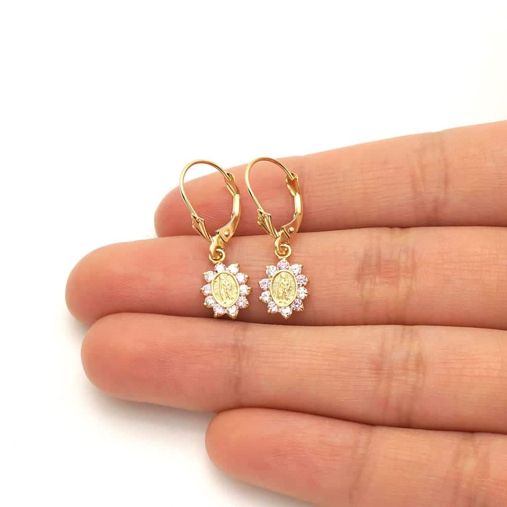 14k Yellow Gold Birthstone Virgin Guadalupe Oval Leverback Earrings 1"