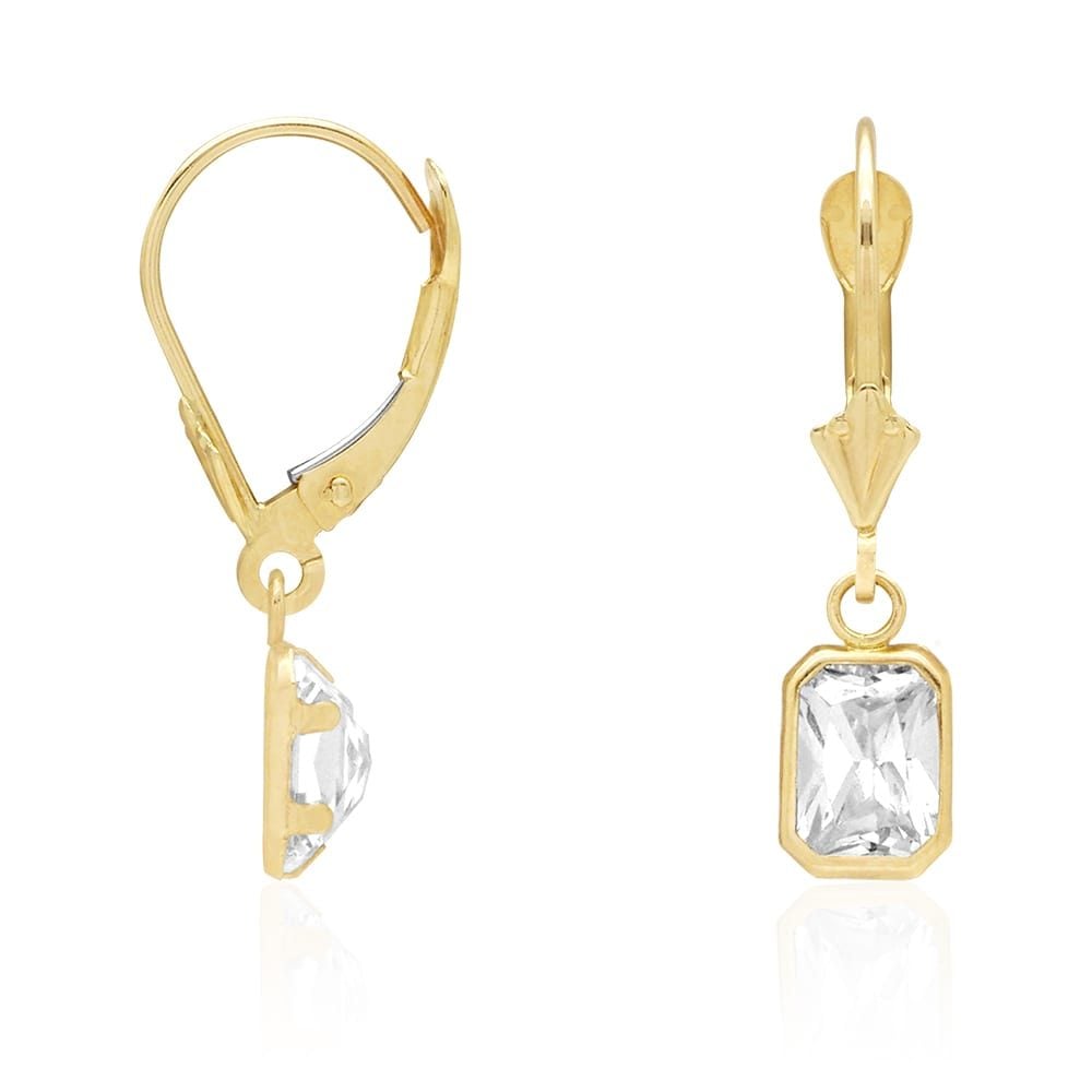 14k Yellow Gold Emerald-Cut Bezel Set Birthstone Drop Leverback Earrings