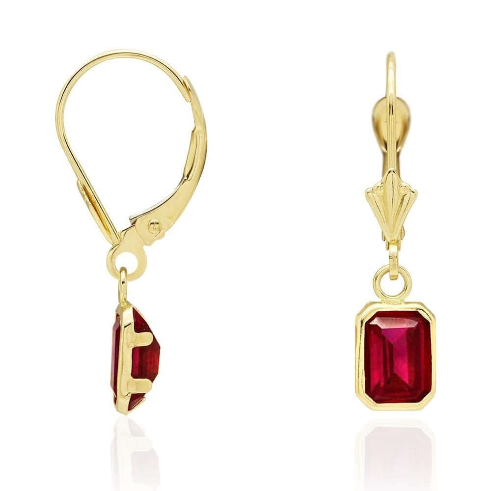 14k Yellow Gold Emerald-Cut Bezel Set Birthstone Drop Leverback Earrings