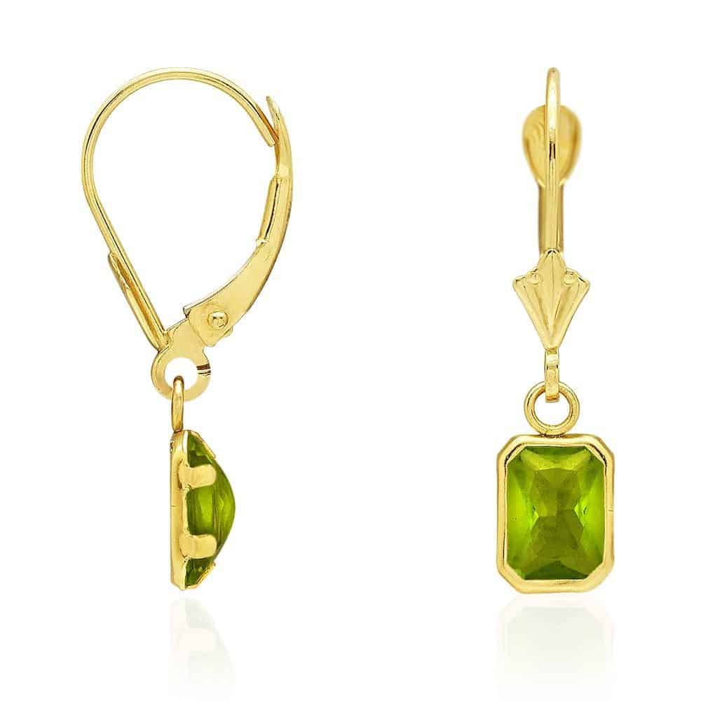 14k Yellow Gold Emerald-Cut Bezel Set Birthstone Drop Leverback Earrings