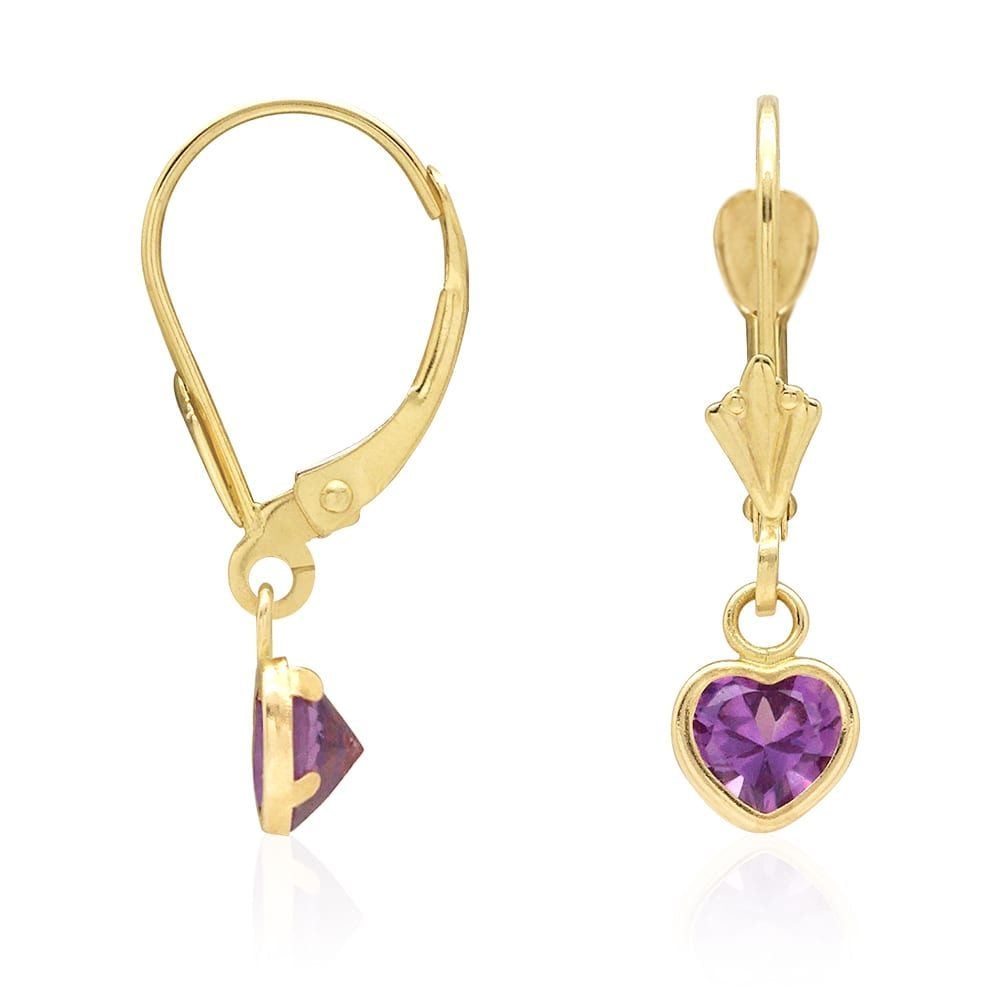 14k Yellow Gold Birthstone Bezel Set Heart Drop Leverback Earrings