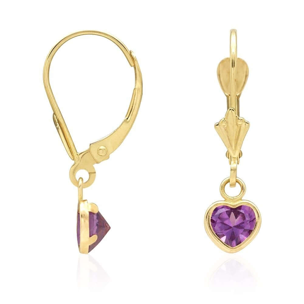 14k Yellow Gold Birthstone Bezel Set Heart Drop Leverback Earrings