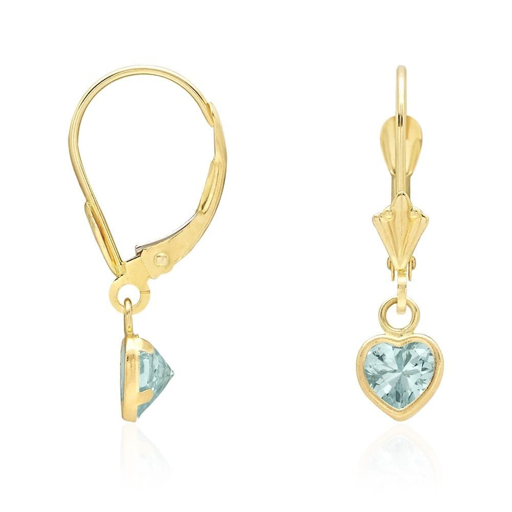14k Yellow Gold Birthstone Bezel Set Heart Drop Leverback Earrings