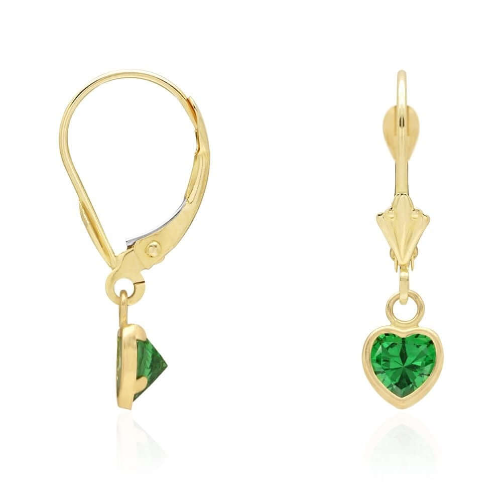 14k Yellow Gold Birthstone Bezel Set Heart Drop Leverback Earrings