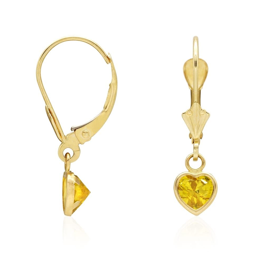 14k Yellow Gold Birthstone Bezel Set Heart Drop Leverback Earrings