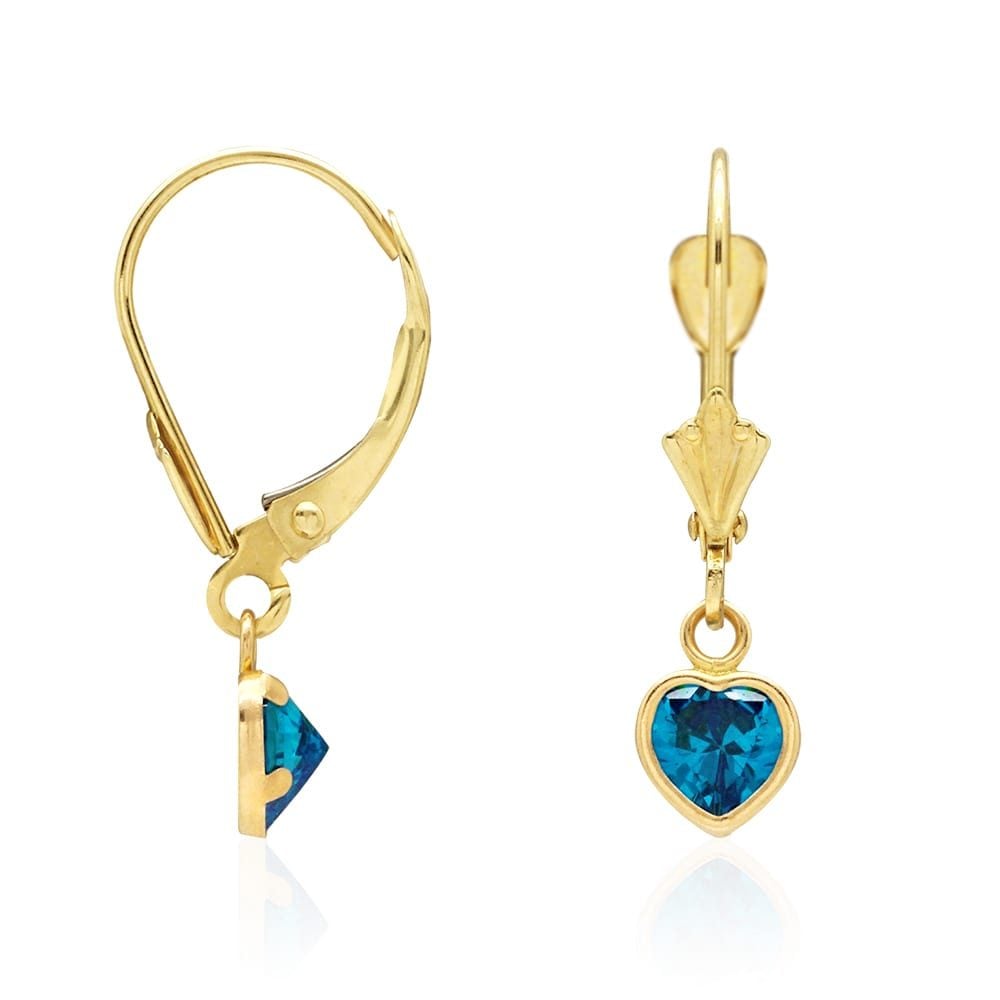 14k Yellow Gold Birthstone Bezel Set Heart Drop Leverback Earrings