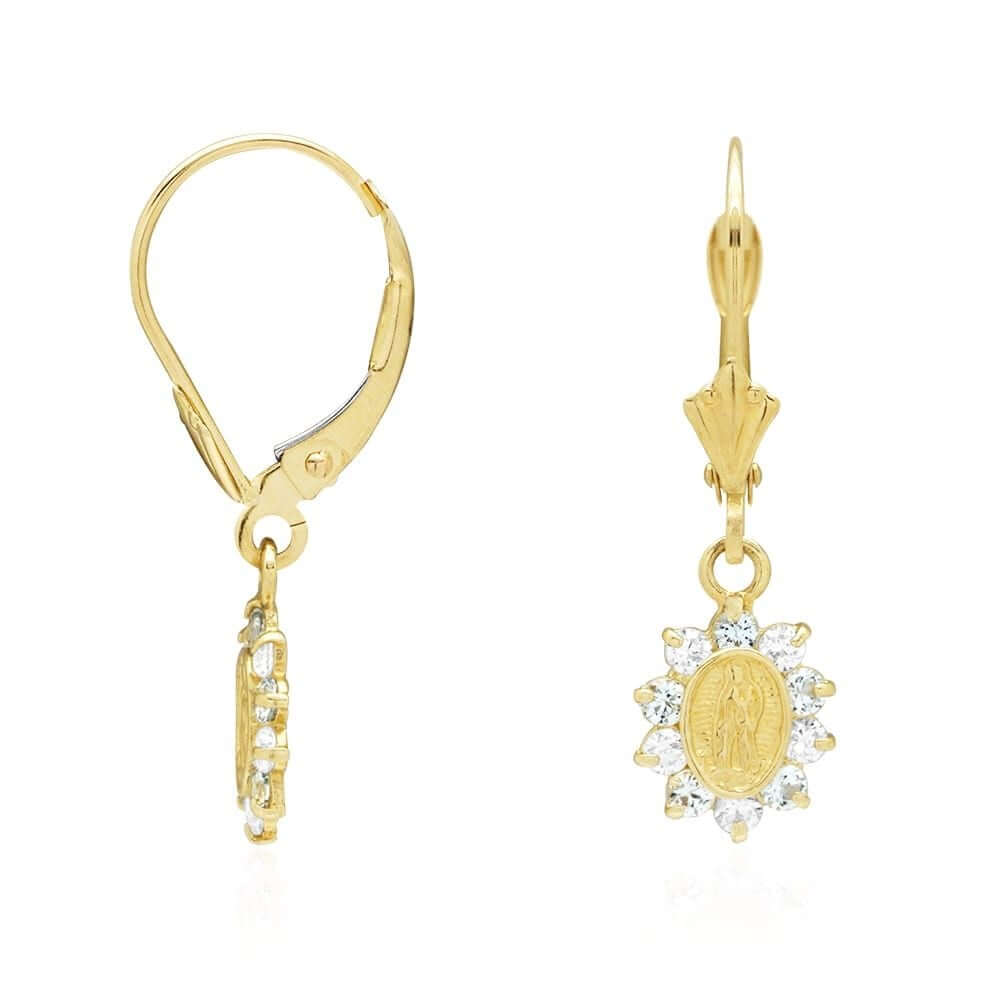14k Yellow Gold Birthstone Virgin Guadalupe Oval Leverback Earrings 1"