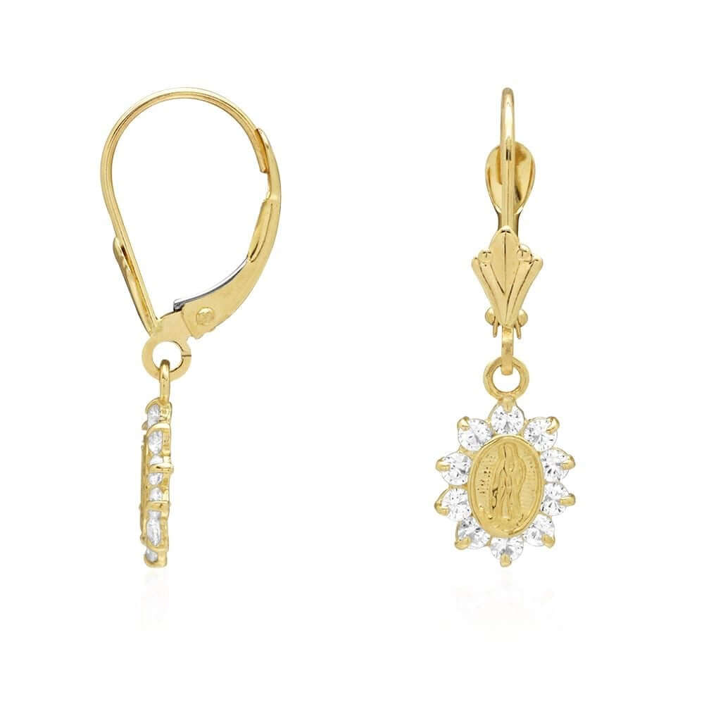 14k Yellow Gold Birthstone Virgin Guadalupe Oval Leverback Earrings 1"