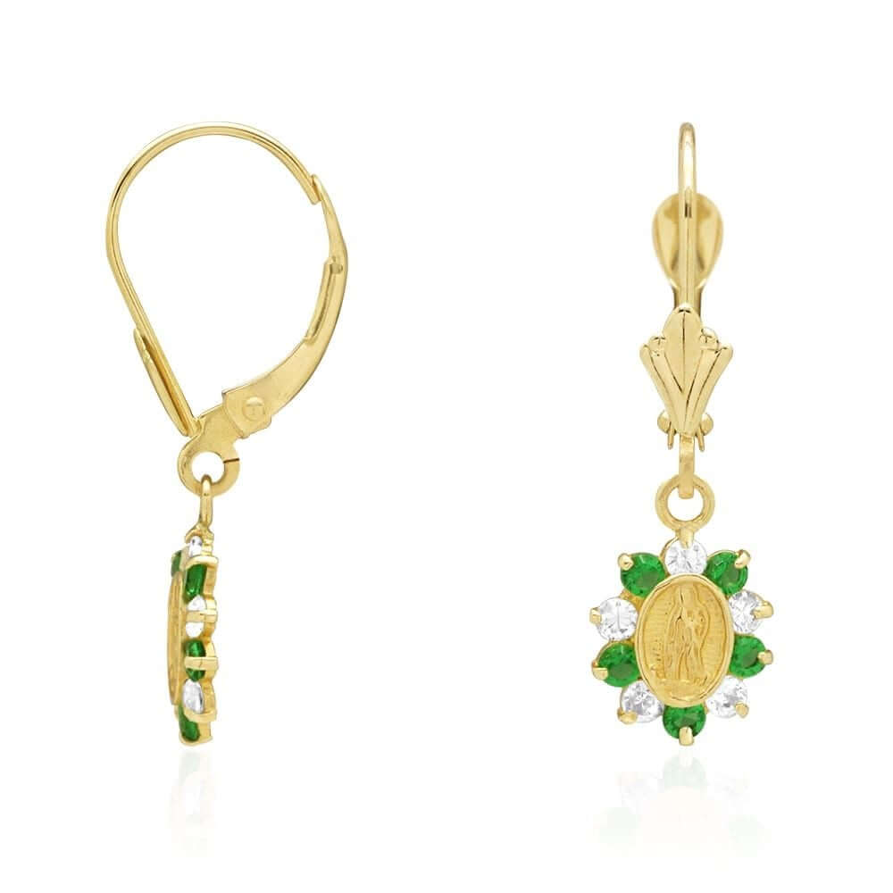 14k Yellow Gold Birthstone Virgin Guadalupe Oval Leverback Earrings 1"