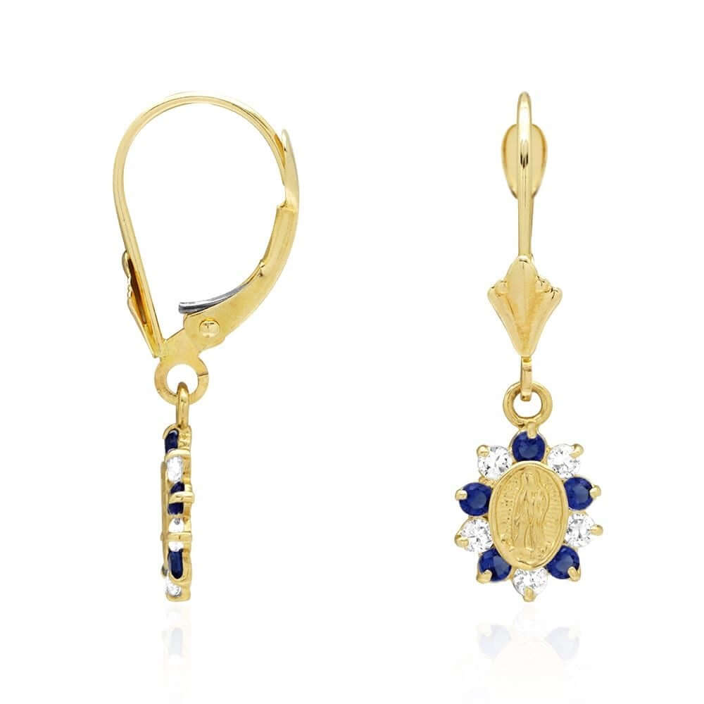 14k Yellow Gold Birthstone Virgin Guadalupe Oval Leverback Earrings 1"
