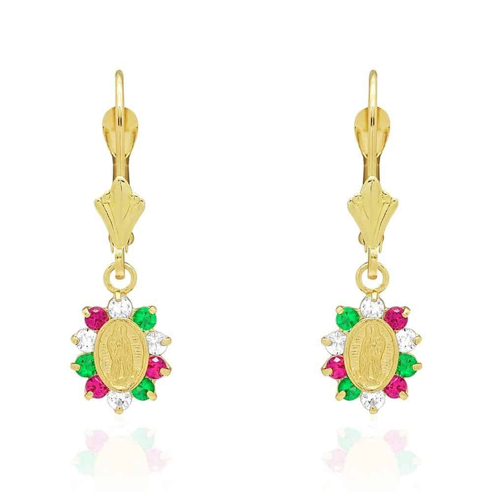 14k Yellow Gold Multicolor CZ Virgin Guadalupe Leverback Earrings 25mm