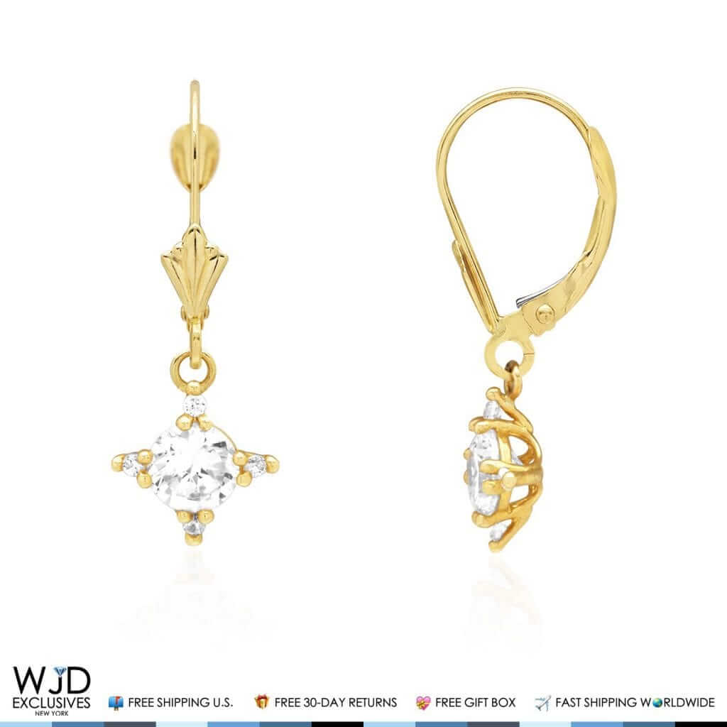 14K Yellow Gold CZ Dangle Drop Leverback Earrings 1.60Ct
