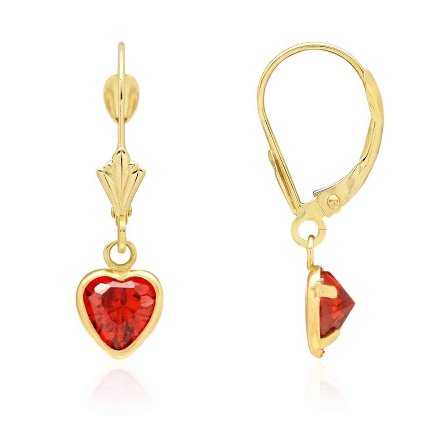 14K Yellow Gold Bezel Set Birthstone Heart Leverback Dangle Earrings 6mm