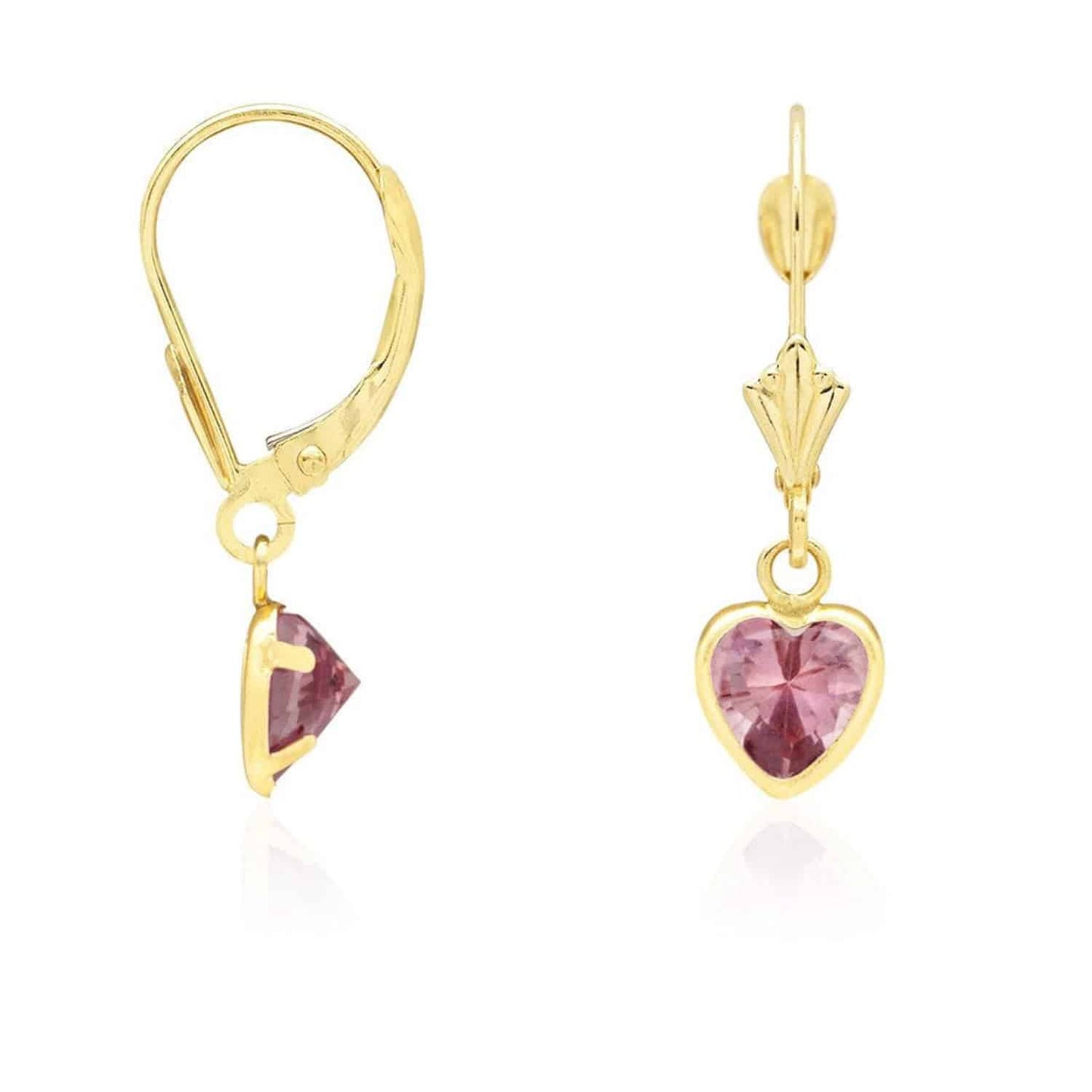 14K Yellow Gold Bezel Set Birthstone Heart Leverback Dangle Earrings 6mm