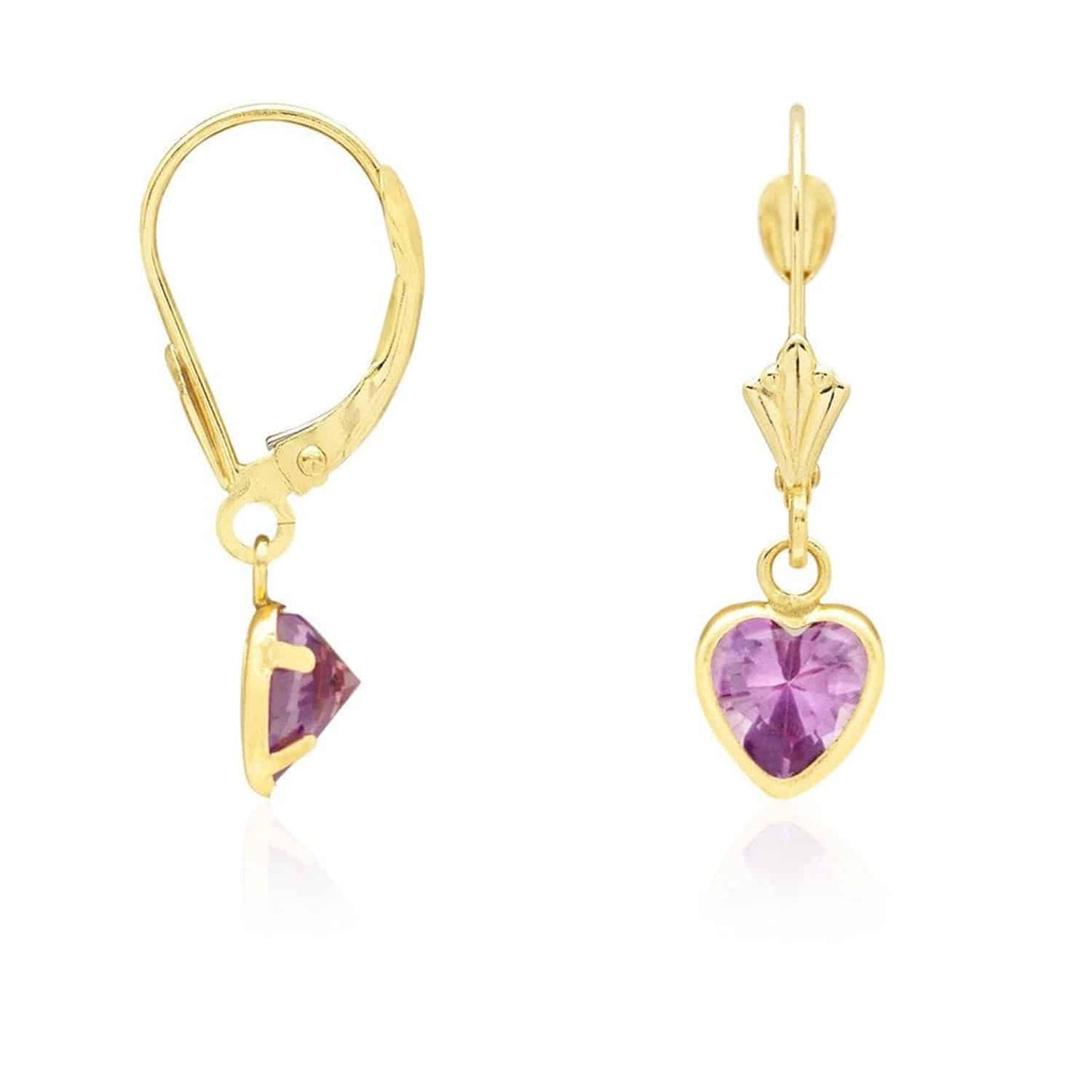14K Yellow Gold Bezel Set Birthstone Heart Leverback Dangle Earrings 6mm