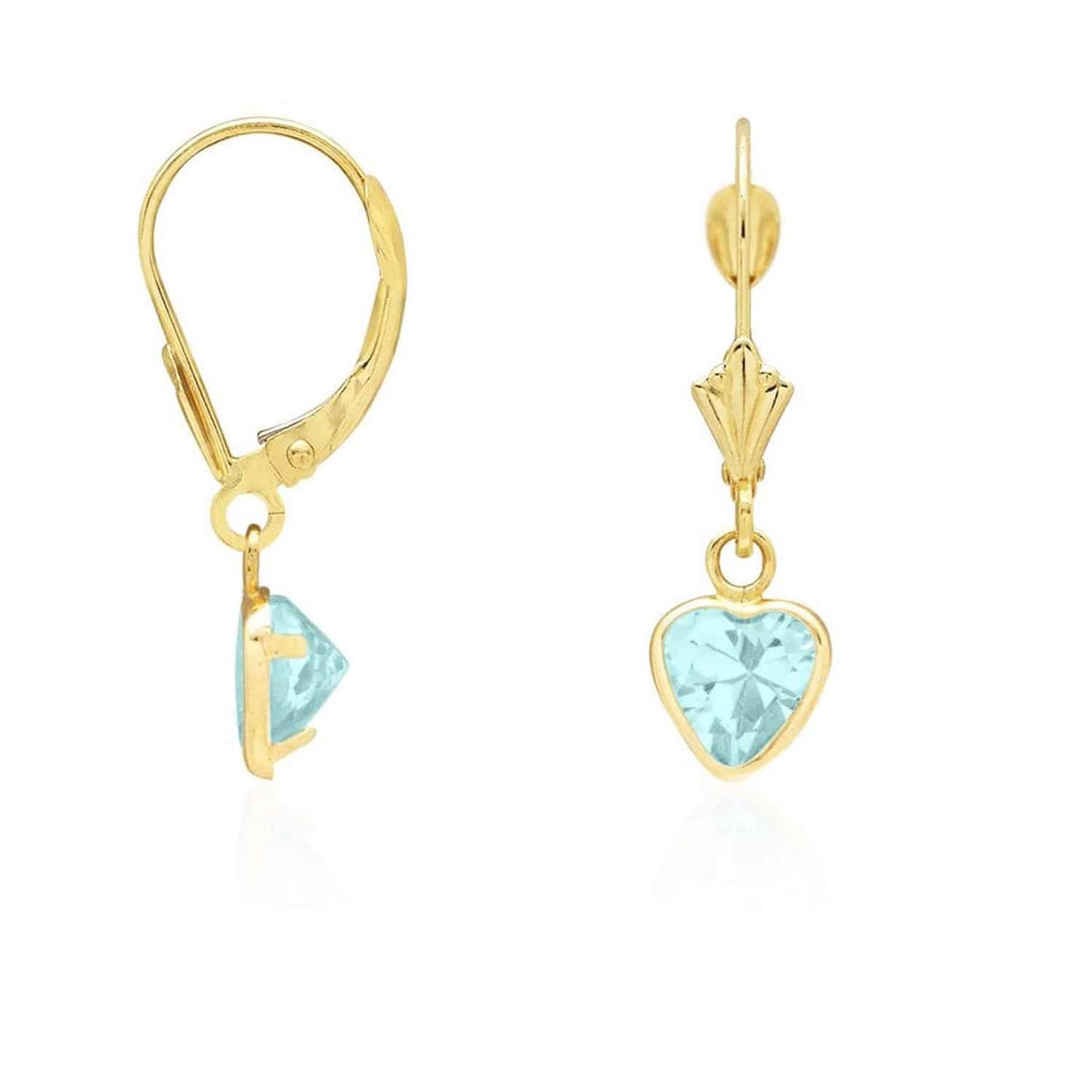 14K Yellow Gold Bezel Set Birthstone Heart Leverback Dangle Earrings 6mm