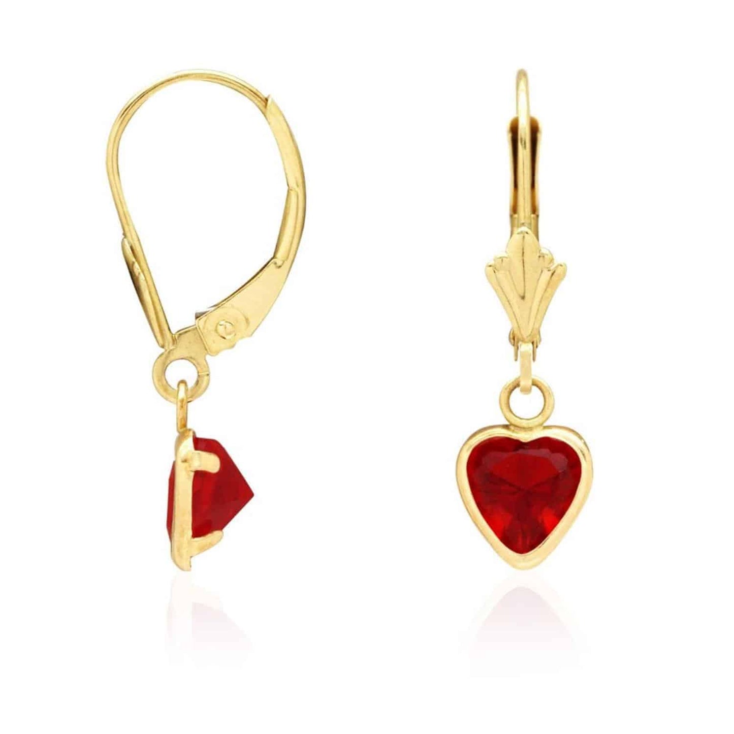 14K Yellow Gold Bezel Set Birthstone Heart Leverback Dangle Earrings 6mm