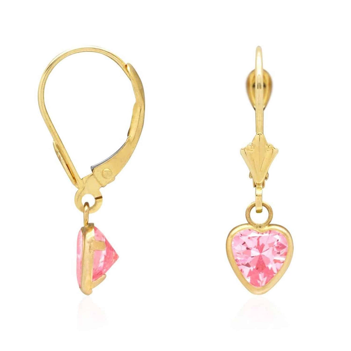 14K Yellow Gold Bezel Set Birthstone Heart Leverback Dangle Earrings 6mm