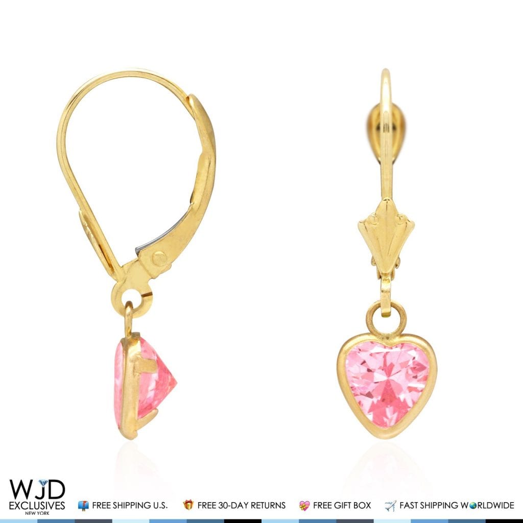 14k Yellow Gold Birthstone Bezel Set Heart Drop Leverback Earrings