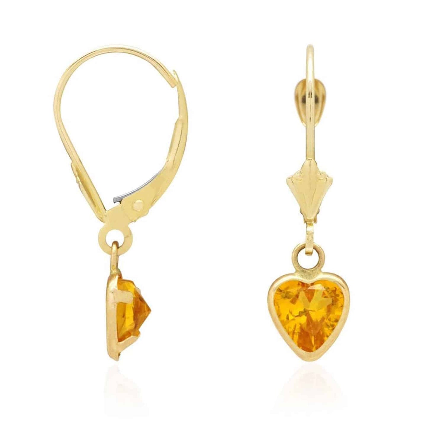 14K Yellow Gold Bezel Set Birthstone Heart Leverback Dangle Earrings 6mm