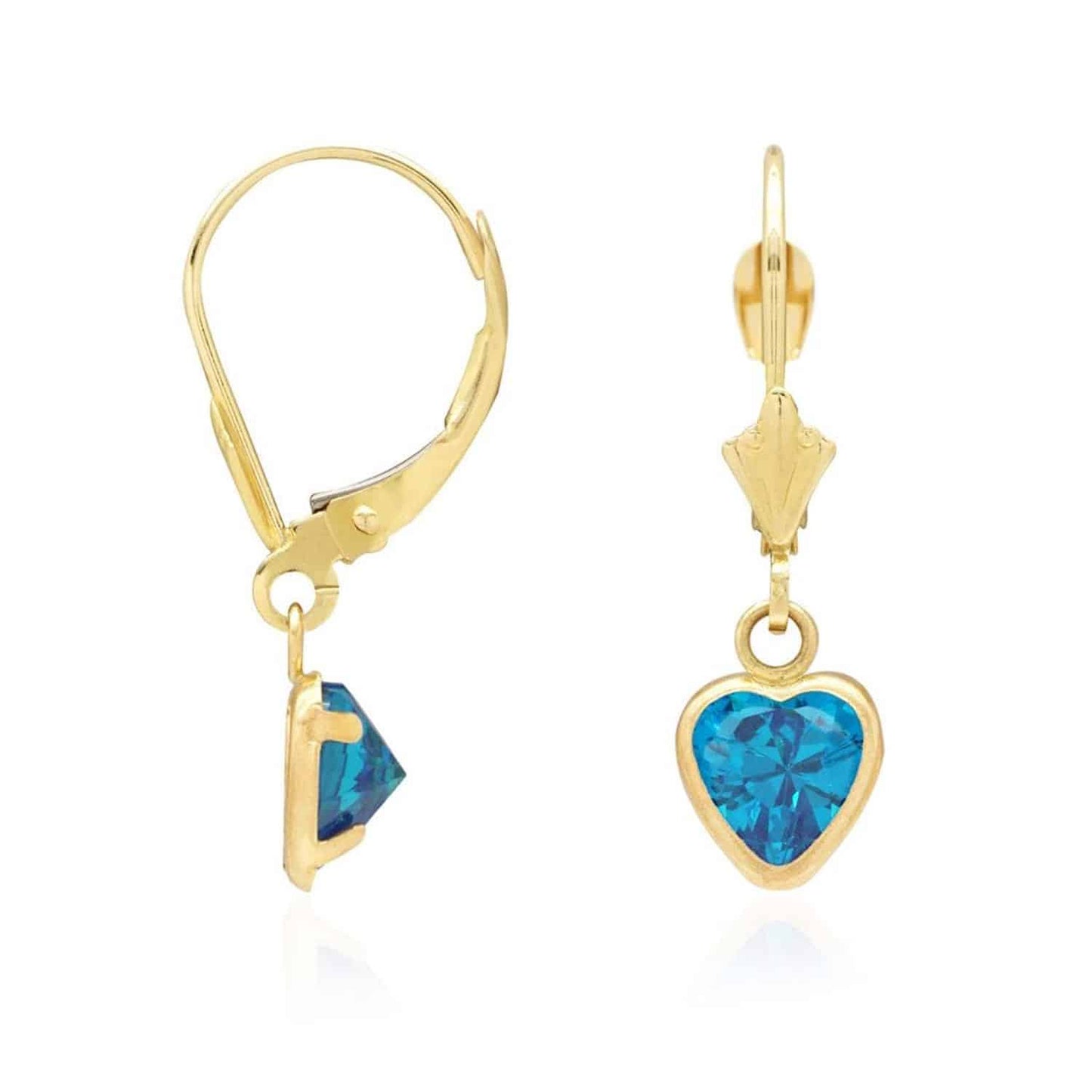 14K Yellow Gold Bezel Set Birthstone Heart Leverback Dangle Earrings 6mm